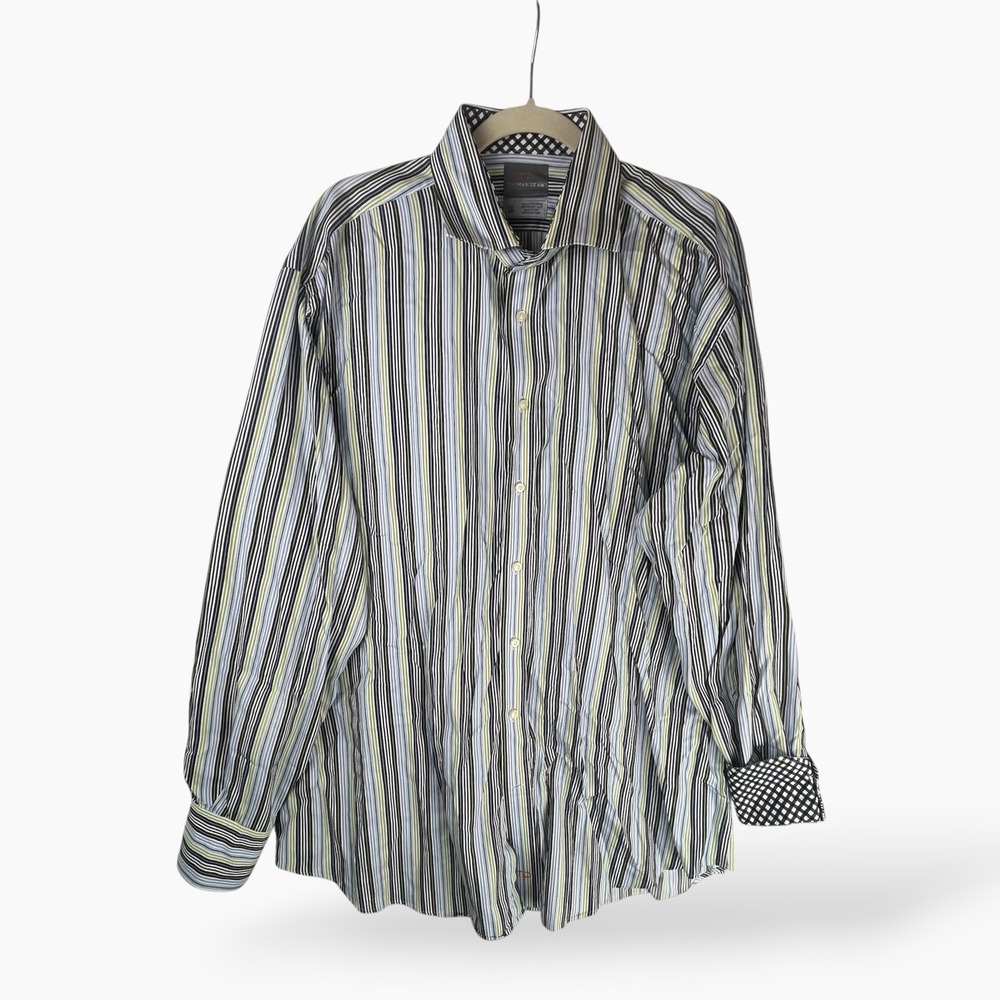 Thomas Dean Mens XLT Tall Cotton Striped Button Down Shirt Blue Green Multi